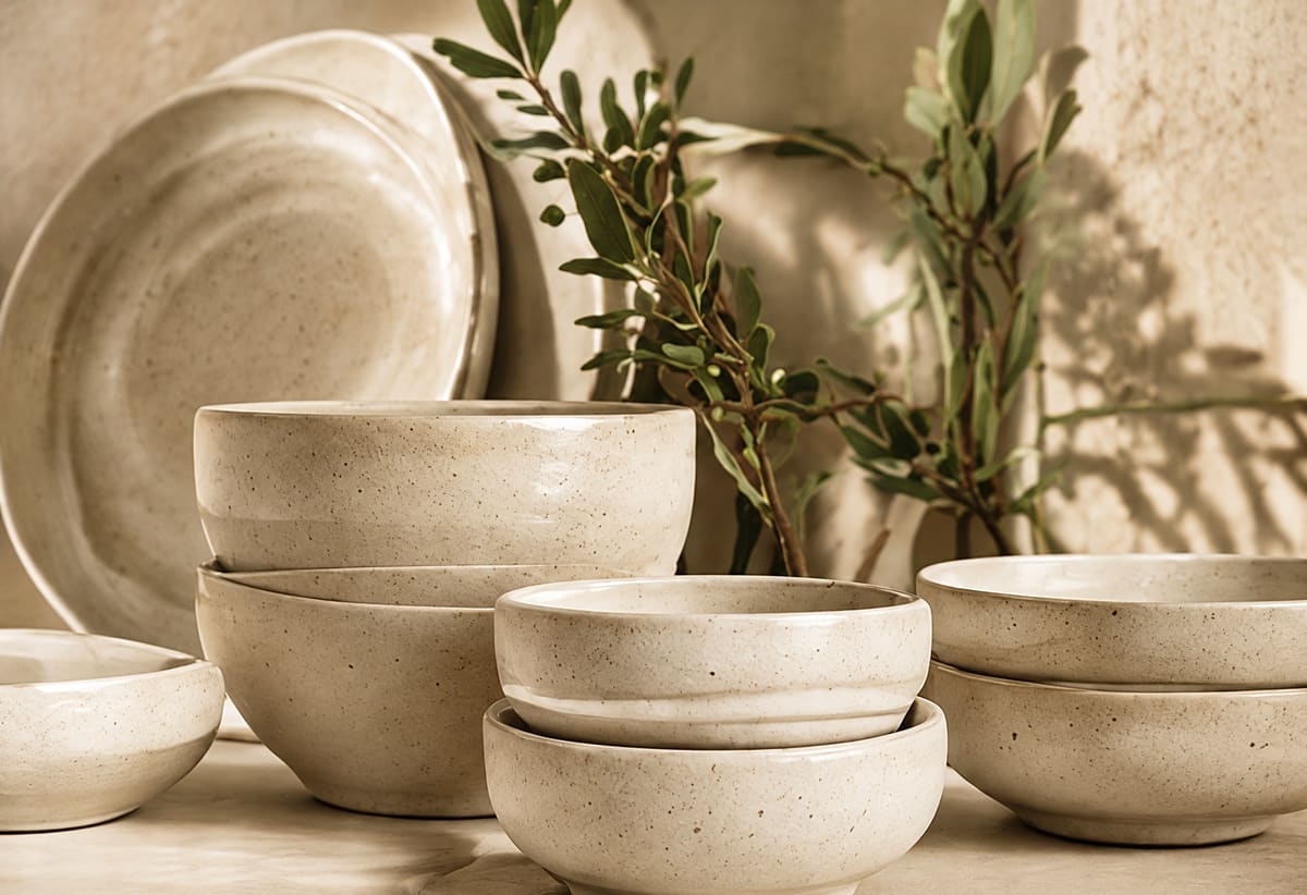 Stacked ivory bowls and plates with olive branches in soft light