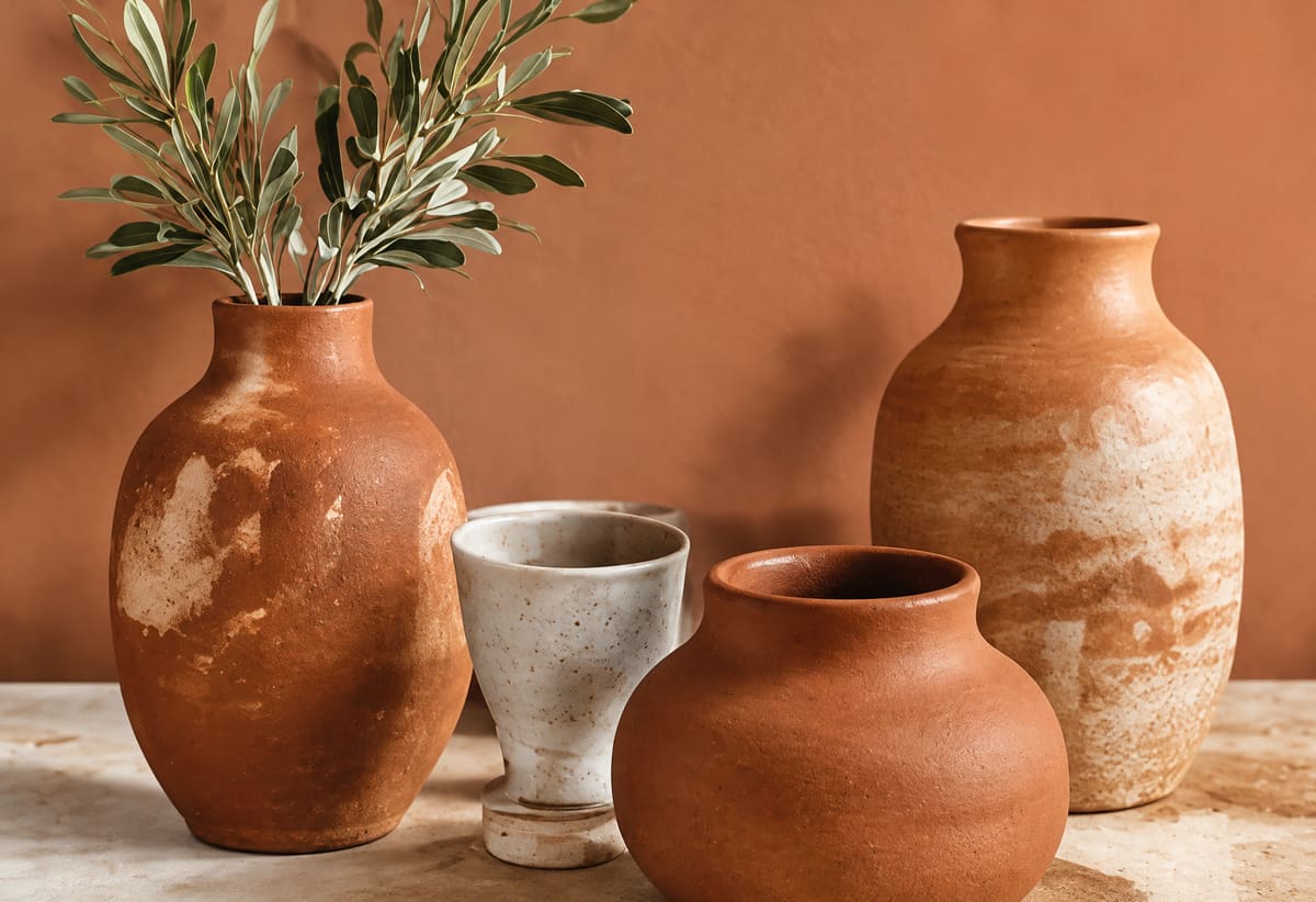Terracotta vases and small cups with an olive sprig against a warm clay-colored wall