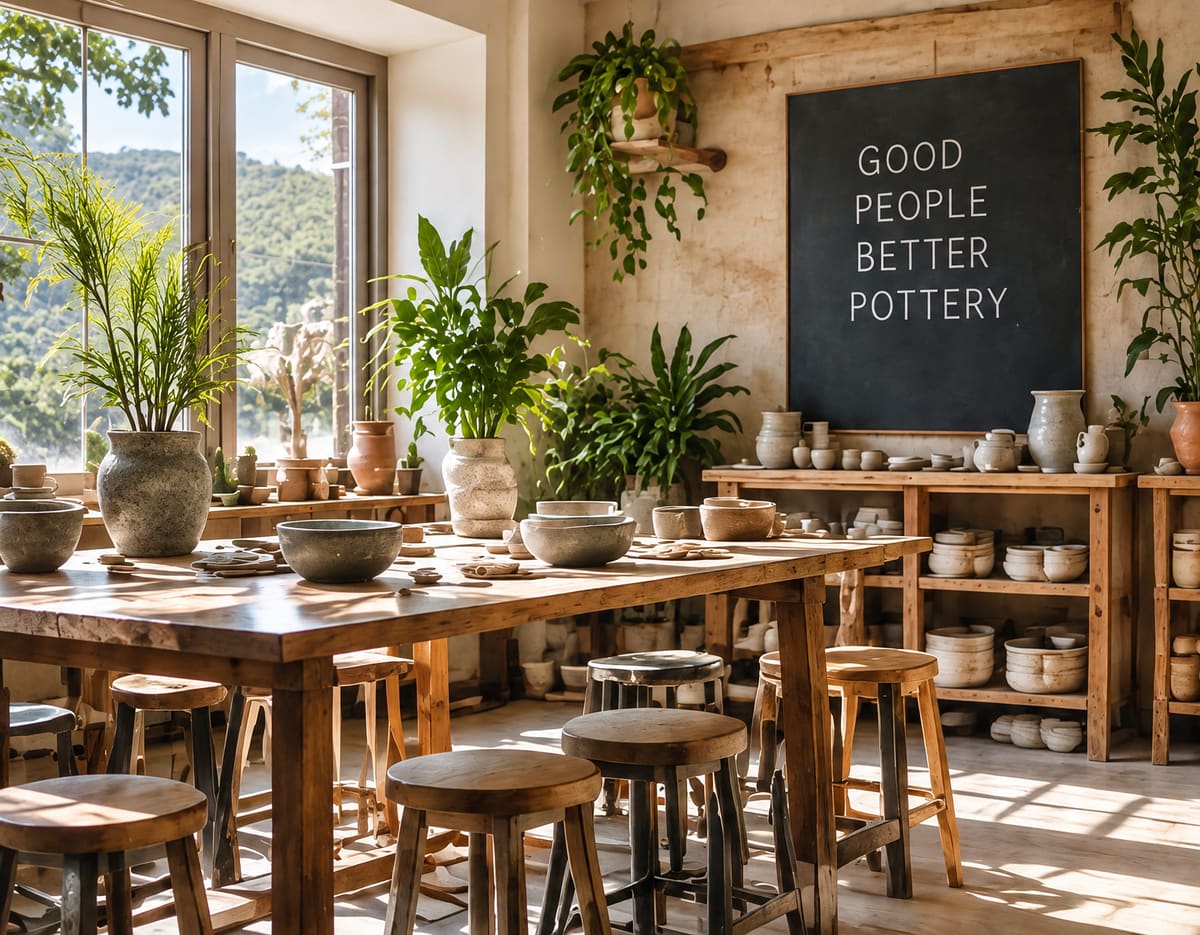 A bright pottery studio with long wooden tables, stools, plants and shelves of bowls under a chalkboard