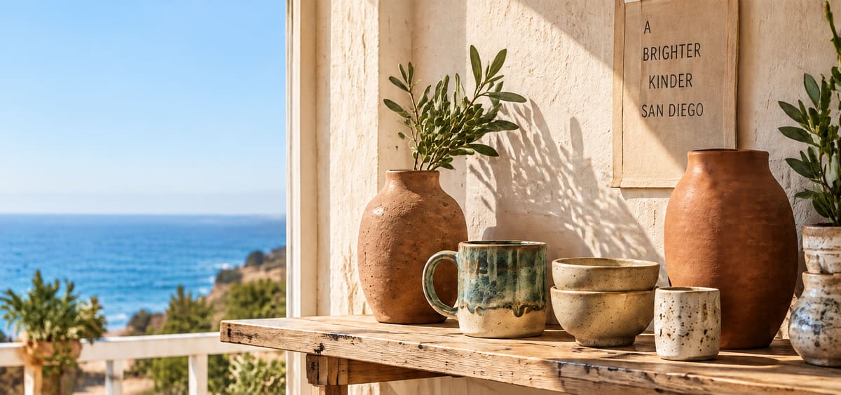 Handmade terracotta vases, a teal-glazed mug and speckled ivory bowls on a wooden shelf in a sunlit studio, with the blue Pacific seen through the window