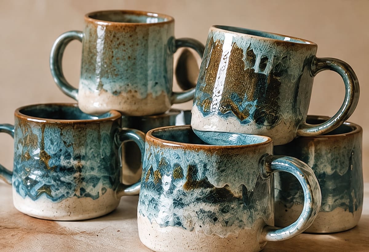 A stack of handmade mugs in drippy teal and blue glazes